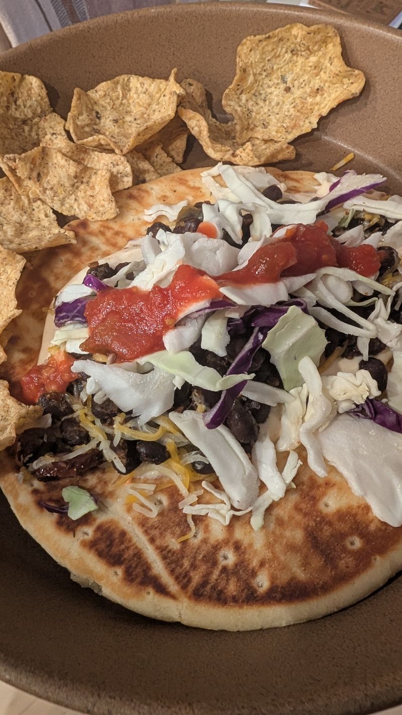 Black bean tostada with slaw and chips